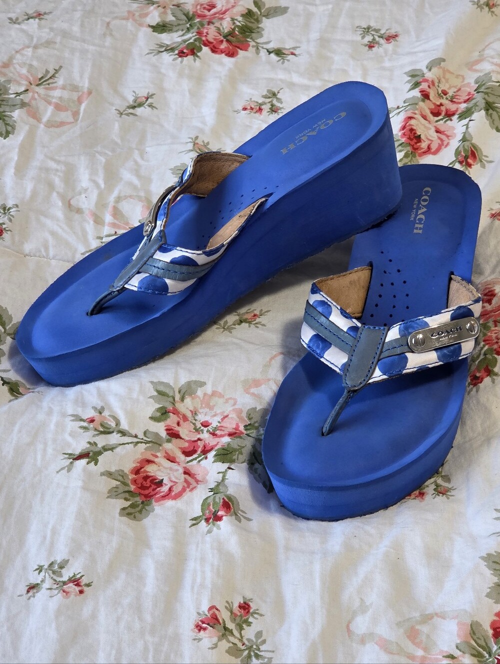 Coach Jaden Blue White Polka Dot Wedge Flip Flop | Signature Sole | Size 6 Y2K - Picture 8 of 15